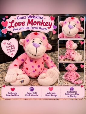 Ganz Webkinz Love Monkey Plush - Pink with Red & Purple Hearts